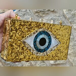 LeTote Evil Eye box purse bag gold glitter blue shell eyeball no chain